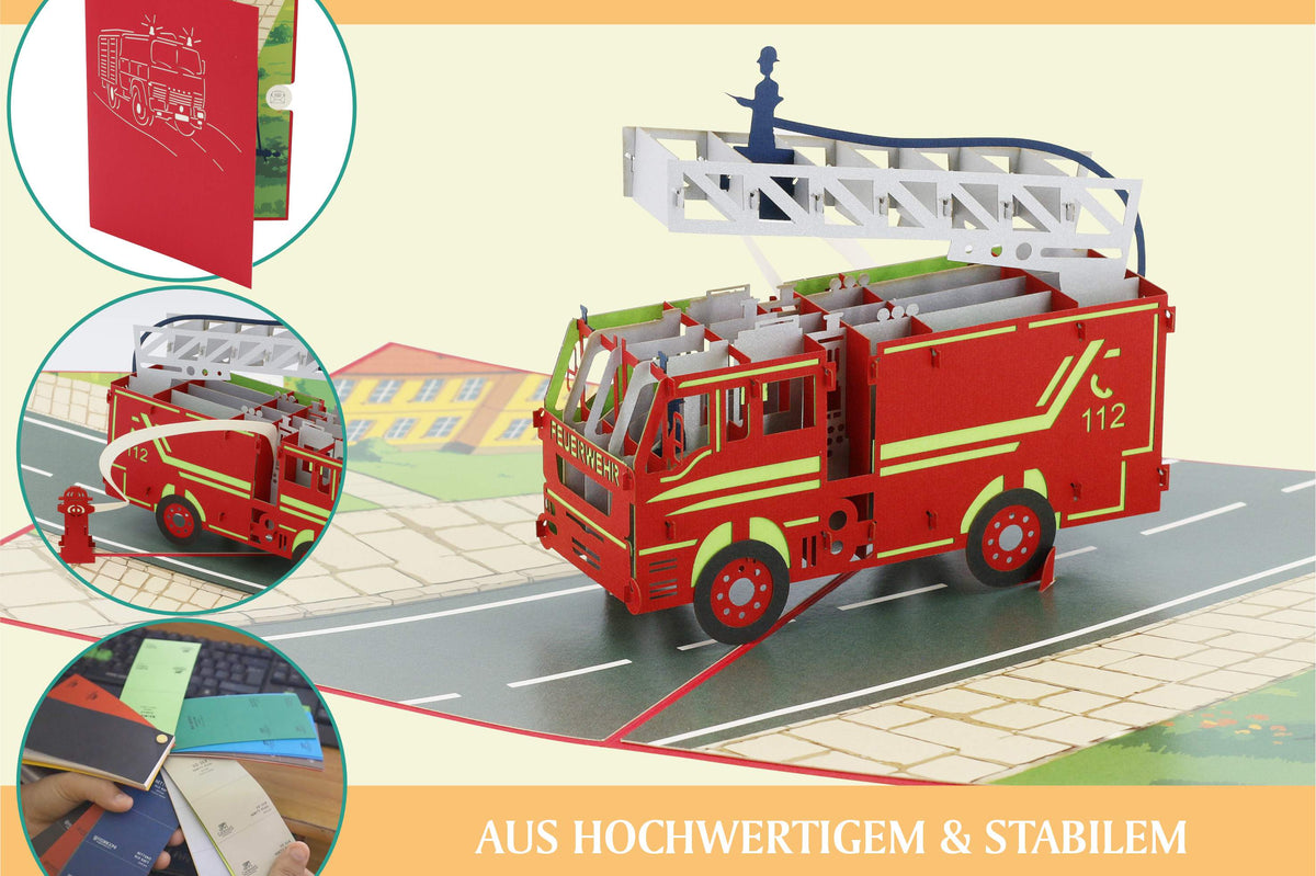 pop up karte mit feuerwehr mit drehleiter auf einer straße