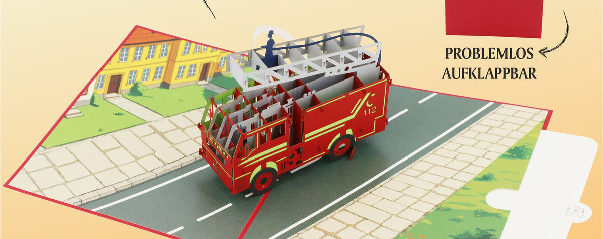 rote pop up karte mit feuerwehr mit drehleiter auf einer straße