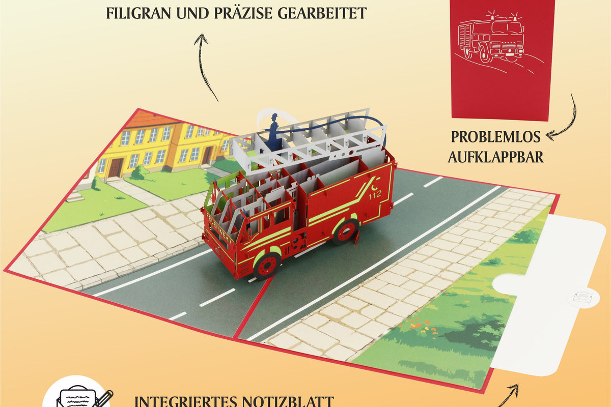 rote pop up karte mit feuerwehr mit drehleiter auf einer straße