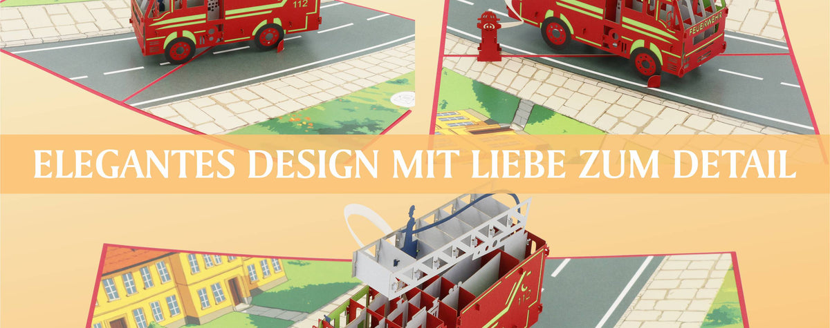 Drei Ansichten der Feuerwehr Pop-up-Karte mit Drehleiterfahrzeug auf einer Straße und dem Text Elegantes Design mit Liebe zum Detail.