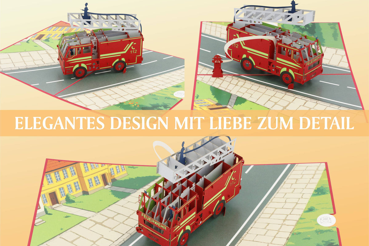 Drei Ansichten der Feuerwehr Pop-up-Karte mit Drehleiterfahrzeug auf einer Straße und dem Text Elegantes Design mit Liebe zum Detail.