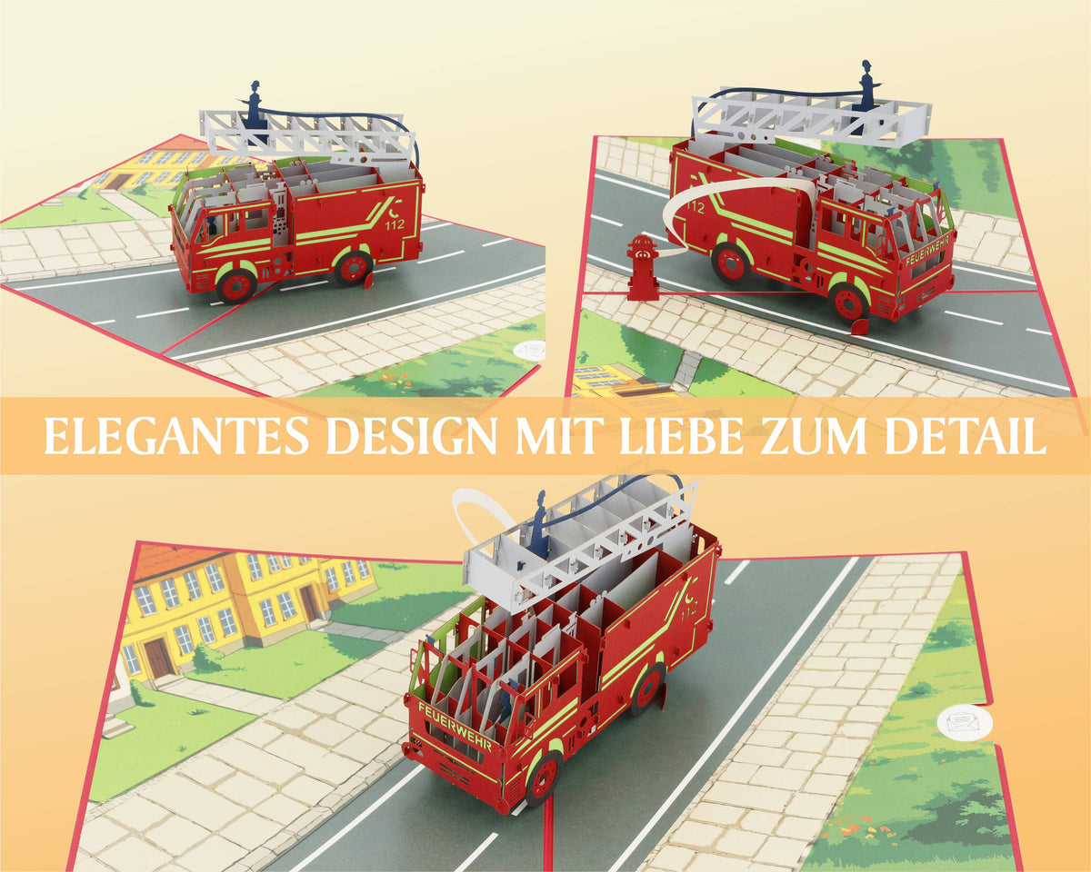 Drei Ansichten der Feuerwehr Pop-up-Karte mit Drehleiterfahrzeug auf einer Straße und dem Text Elegantes Design mit Liebe zum Detail.