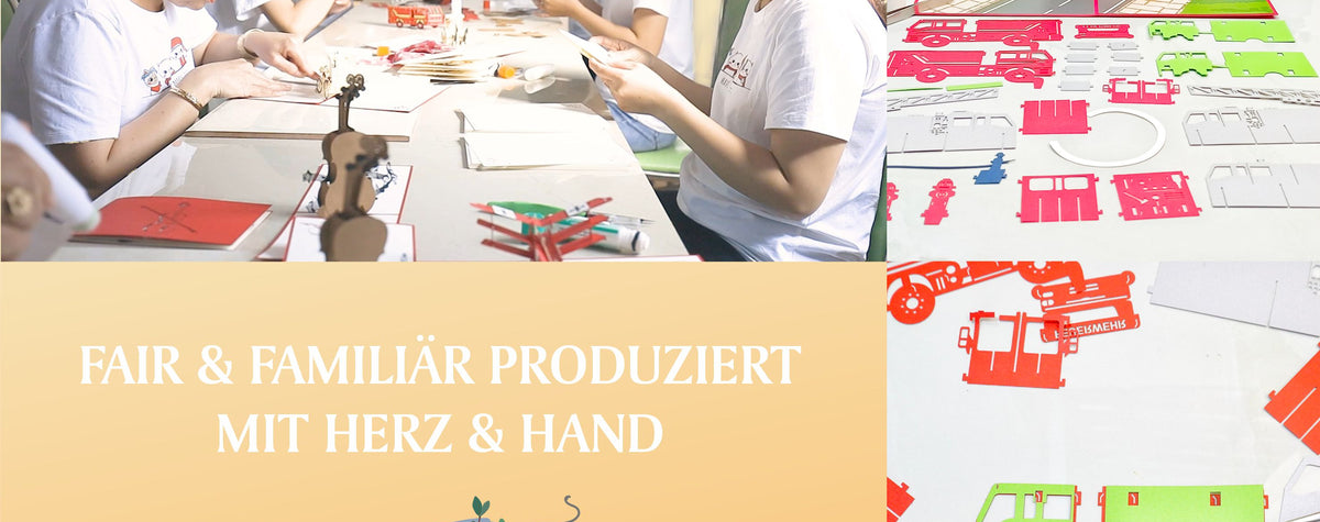 Das Team von design3dkarten beim Zusammenbau der Pop-up-Karten, dazu der Text Fair & familiär produziert mit Herz & Hand.