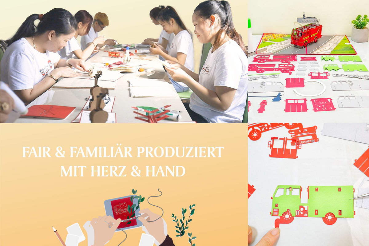 Das Team von design3dkarten beim Zusammenbau der Pop-up-Karten, dazu der Text Fair & familiär produziert mit Herz & Hand.