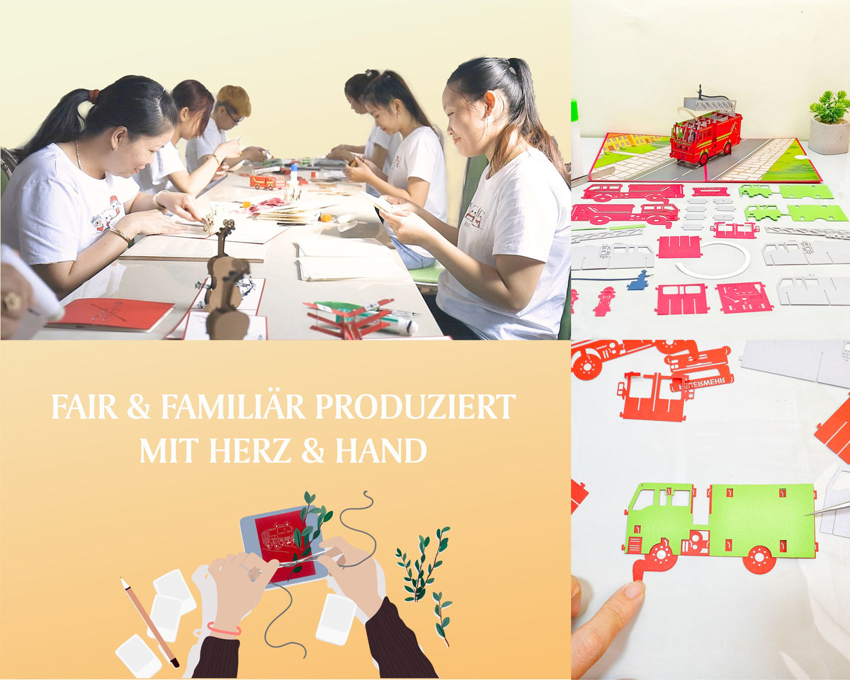 Das Team von design3dkarten beim Zusammenbau der Pop-up-Karten, dazu der Text Fair & familiär produziert mit Herz & Hand.