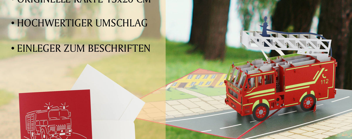 rote karte mit feuerwehr mit drehleiter auf einer straße
