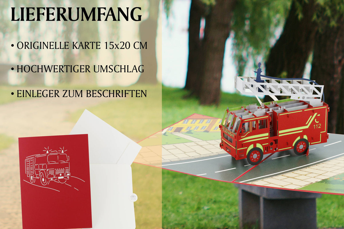 rote karte mit feuerwehr mit drehleiter auf einer straße