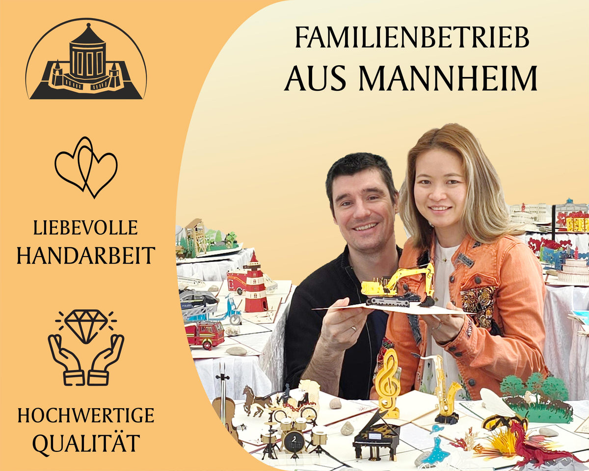 Die Gründer Christian und Tram von design3DKarten mit Pop-up-Karten, dazu die Hinweise Familienbetrieb aus Mannheim, liebevolle Handarbeit und hochwertige Qualität.