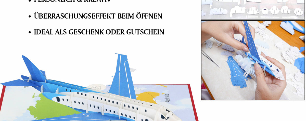 klappkarte flugzeug auf weltkarte mit einzelteilen und zusammenbau in handarbeit