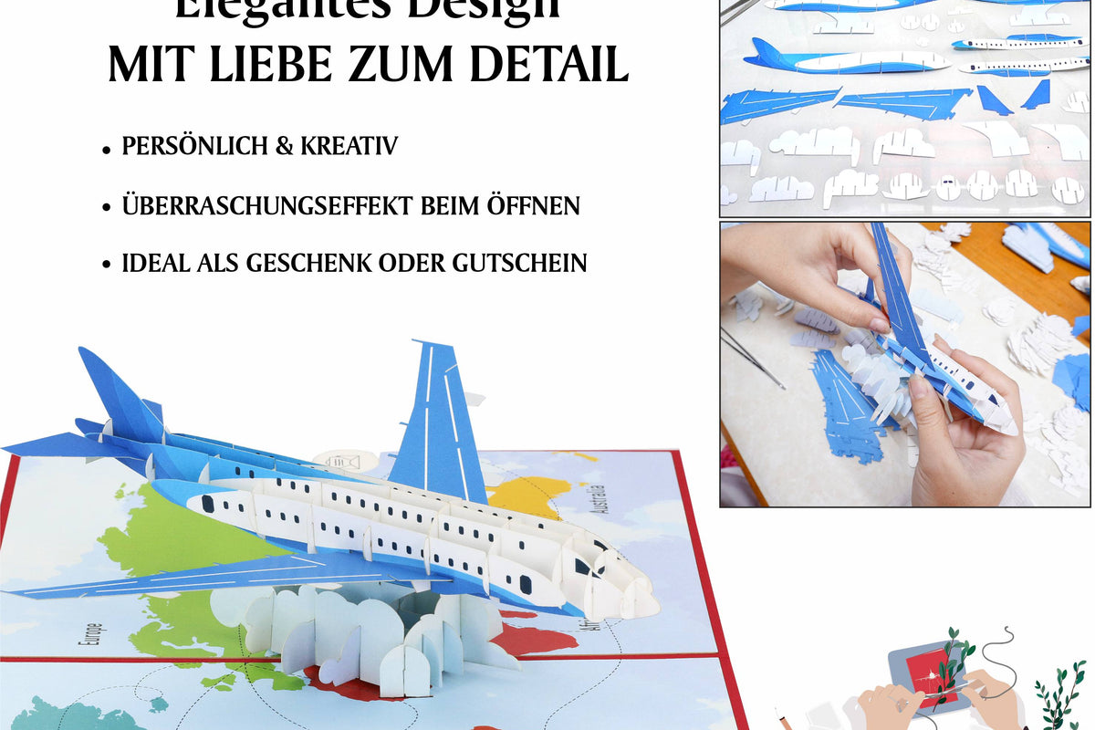klappkarte flugzeug auf weltkarte mit einzelteilen und zusammenbau in handarbeit