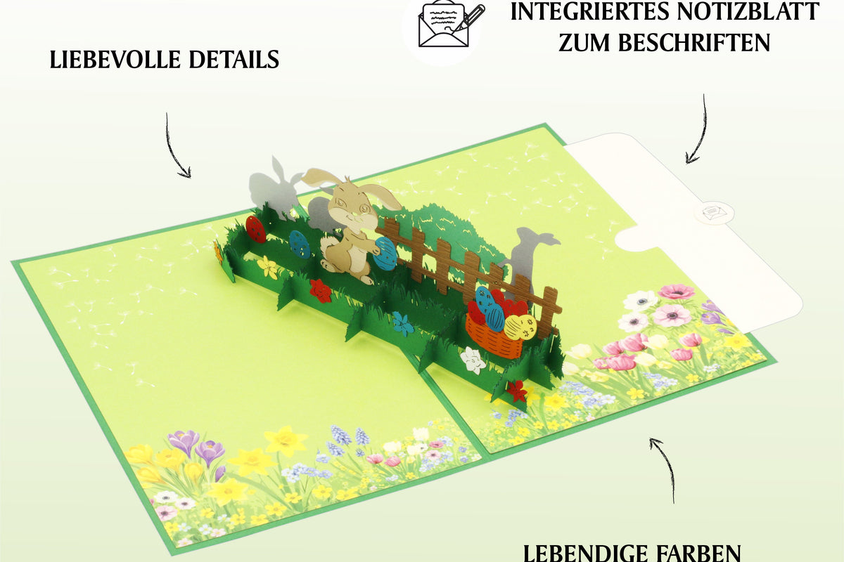Aufgeklappte Pop-up-Karte mit Osterhasen im Garten, dazu die Hinweise liebevolle Details, integriertes Notizblatt zum Beschriften und lebendige Farben.