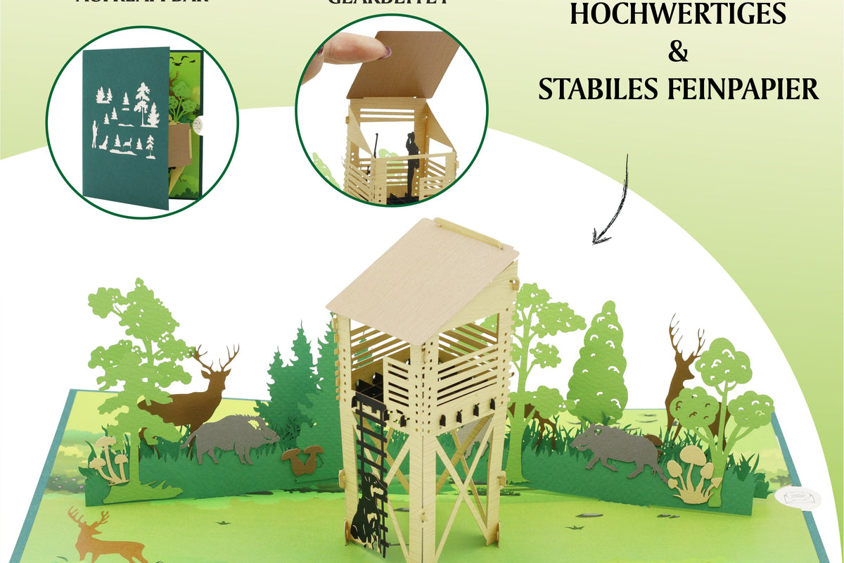 Aufgeklappte Pop-up-Karte mit filigranem Hochsitz aus Papier und Tiersilhouetten in einer Waldlandschaft, daneben Detailansichten und der Beschreibung einer filigranen Herstellung aus hochwertigem Feinpapier.