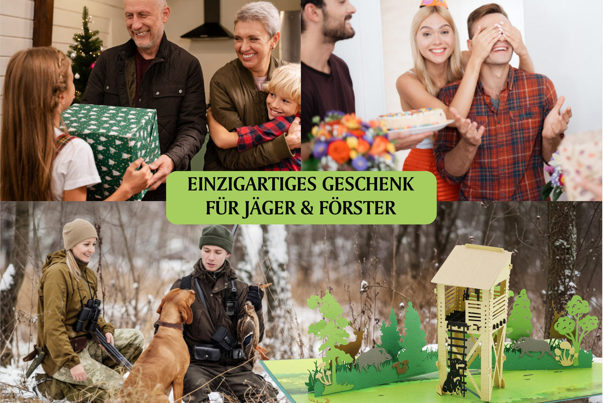 Collage mit lachenden Menschen beim Geschenkeauspacken, zwei Personen mit Hund im verschneiten Wald und einer aufgeklappten Pop-up-Karte mit Hochsitz und Bäumen.