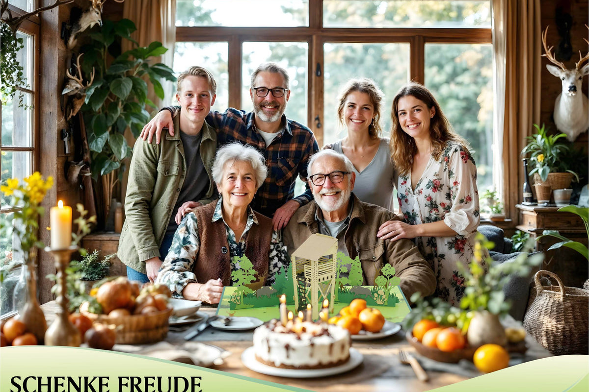 Sechs Menschen stehen und sitzen lächelnd um einen Tisch mit einer Torte und Kerzen, im Vordergrund eine aufgeklappte Pop-up-Karte mit Jagdmotiv und im Hintergrund große Fenster mit Blick ins Grüne.
