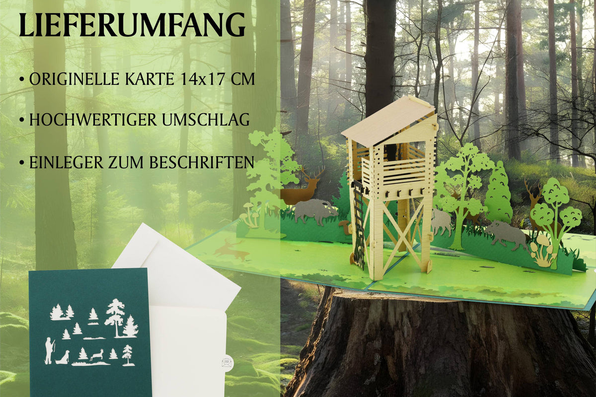 Geöffnet Pop Up Karte vor einem Wald. Beschriftung mit Umschlag und hochwertigem Umschlag.