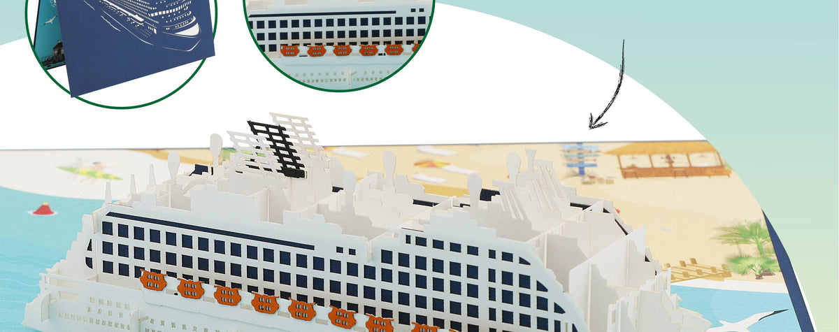 Aufgeklappte Pop-up-Karte mit Kreuzfahrtschiff, dazu die Hinweise problemlos aufklappbar, filigran und präzise gearbeitet sowie hochwertiges und stabiles Feinpapier.