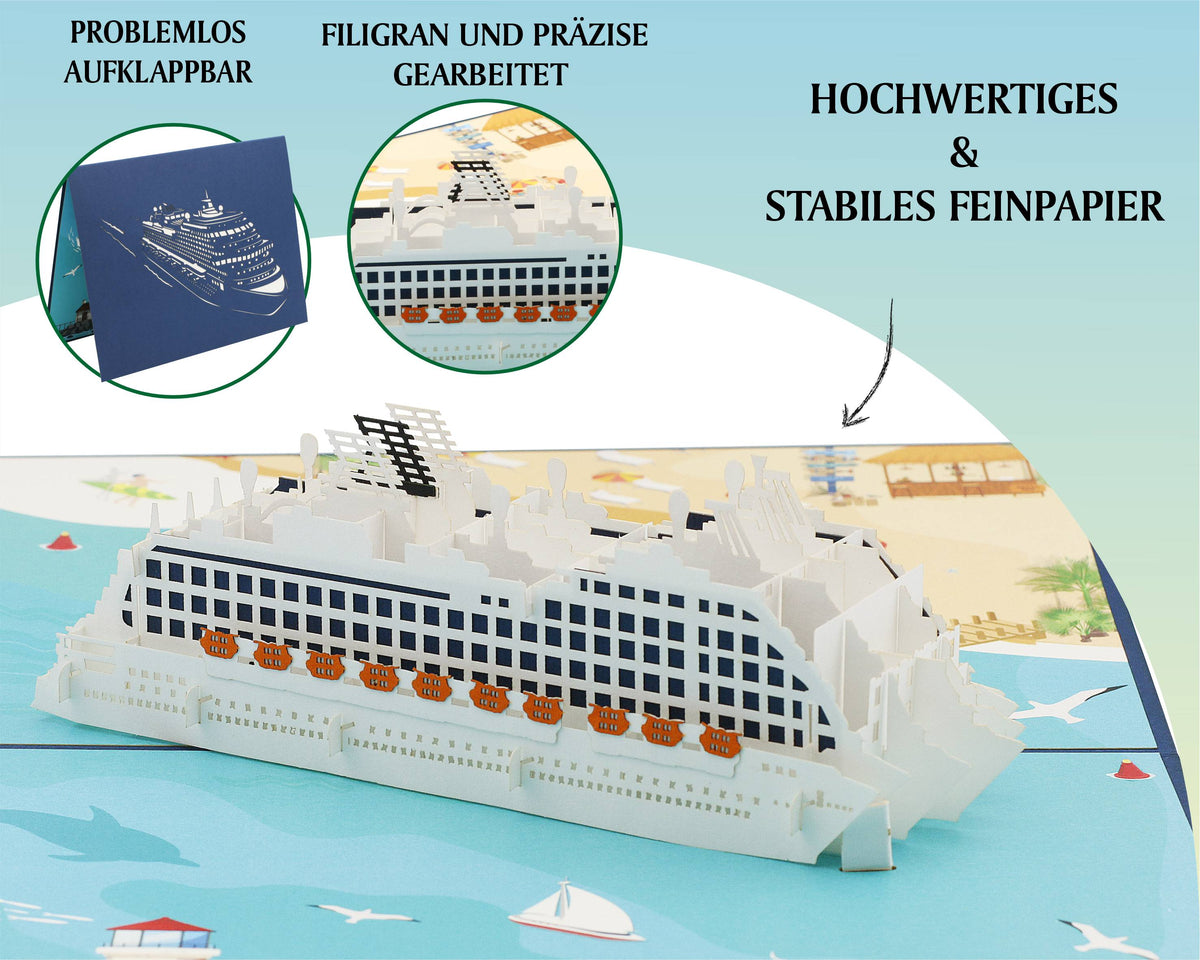 Aufgeklappte Pop-up-Karte mit Kreuzfahrtschiff, dazu die Hinweise problemlos aufklappbar, filigran und präzise gearbeitet sowie hochwertiges und stabiles Feinpapier.