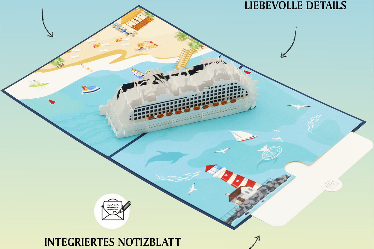 Aufgeklappte Pop-up-Karte mit Kreuzfahrtschiff, dazu die Hinweise lebendige Farben, liebevolle Details und integriertes Notizblatt zum Beschriften.