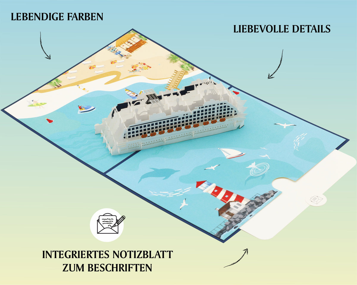 Aufgeklappte Pop-up-Karte mit Kreuzfahrtschiff, dazu die Hinweise lebendige Farben, liebevolle Details und integriertes Notizblatt zum Beschriften.