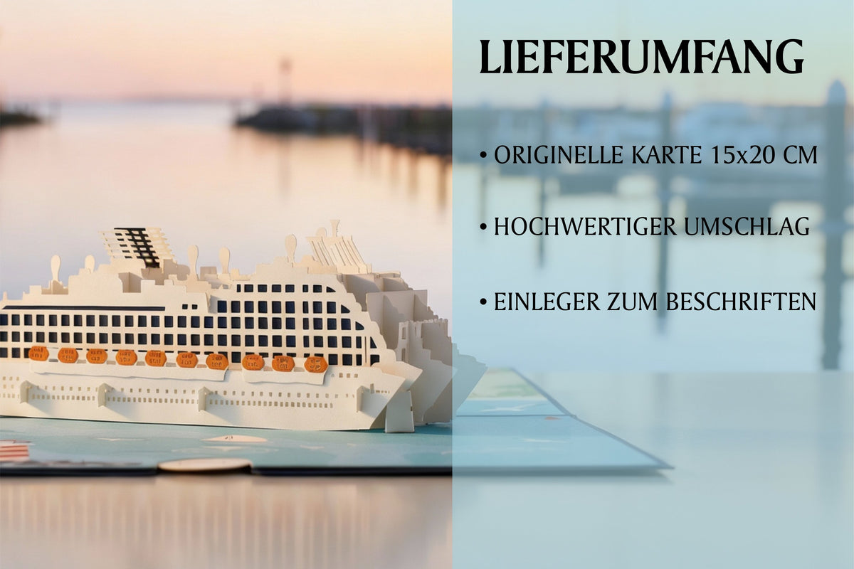 Lieferumfang der Kreuzfahrtschiff Pop-up-Karte: originelle Karte 15x20 cm, hochwertiger Umschlag und Einleger zum Beschriften.
