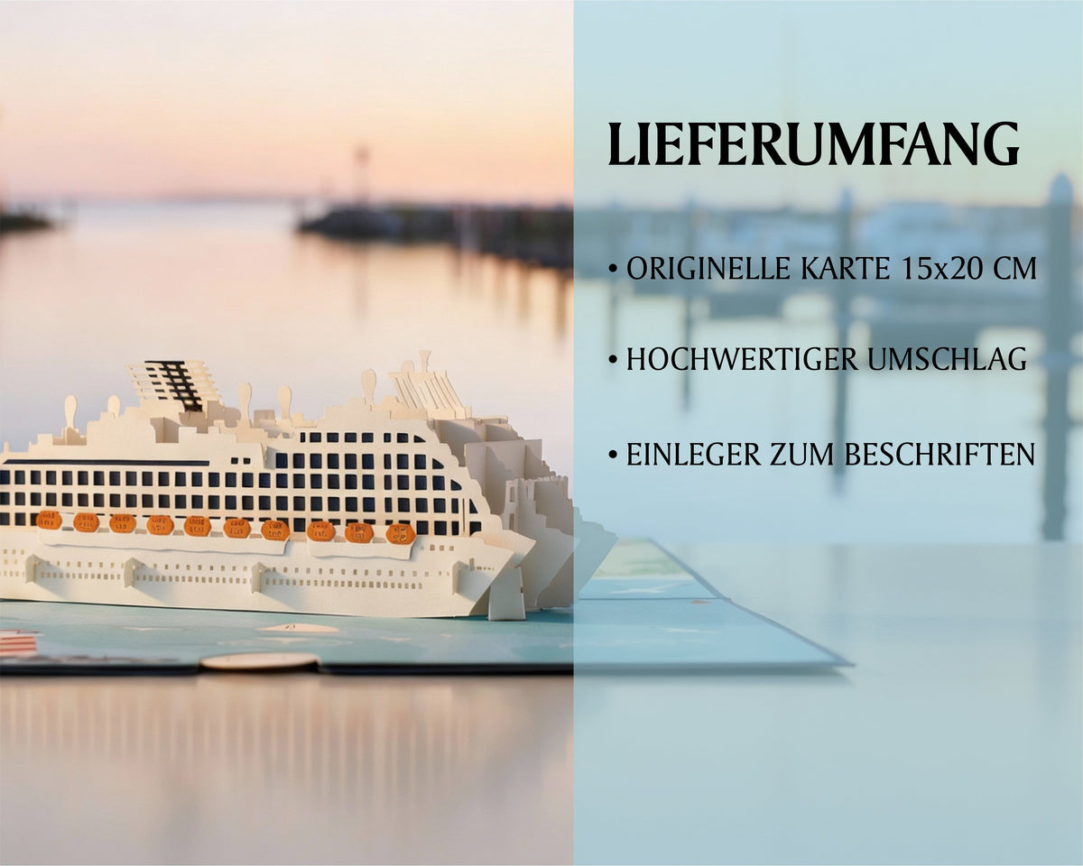 Lieferumfang der Kreuzfahrtschiff Pop-up-Karte: originelle Karte 15x20 cm, hochwertiger Umschlag und Einleger zum Beschriften.