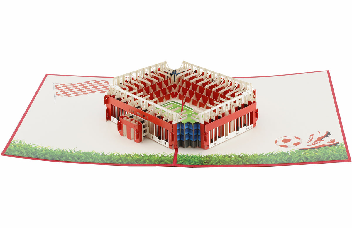 Aufgeklappte Pop-up-Karte mit dem Mainzer Stadion, von schräg oben fotografiert.