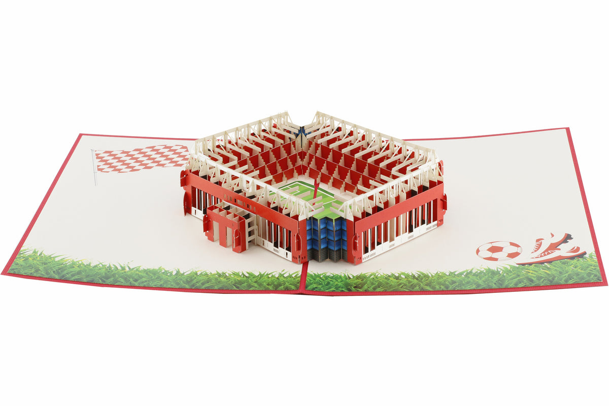 Aufgeklappte Pop-up-Karte mit dem Mainzer Stadion, von schräg oben fotografiert.
