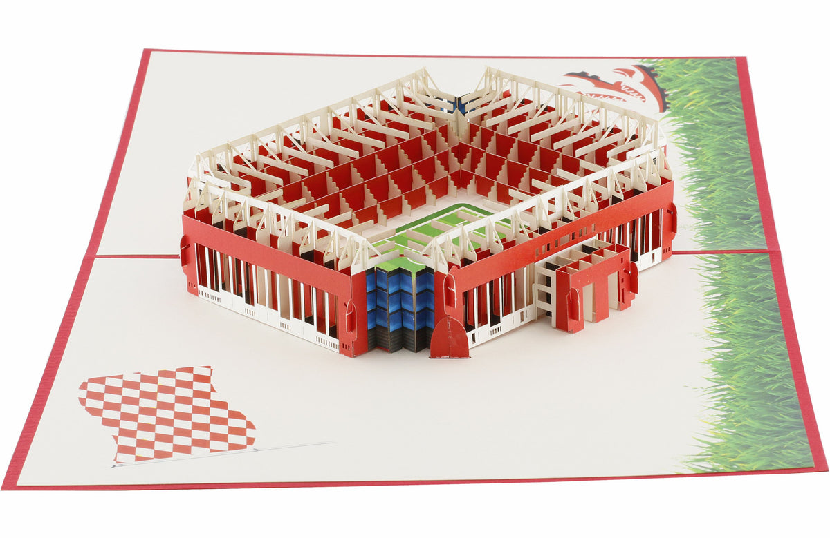 Nahaufnahme der aufgeklappten Pop-up-Karte mit detailreichem Mainzer Stadionmodell und Tribünen.