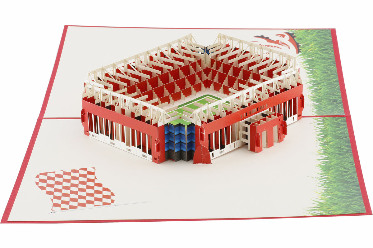 Nahaufnahme der aufgeklappten Pop-up-Karte mit detailreichem Mainzer Stadionmodell und Tribünen.
