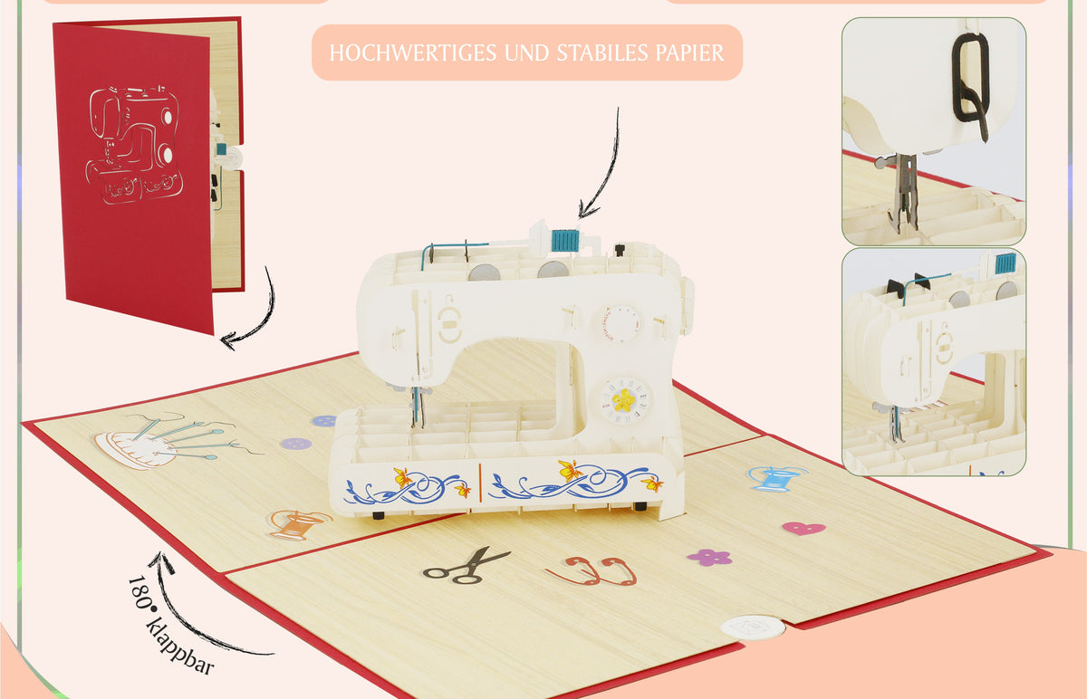Aufgeklappte Pop-up-Karte mit Nähmaschine, dazu die Hinweise problemlos aufklappbar, hochwertiges und stabiles Papier sowie filigran und präzise gearbeitet.