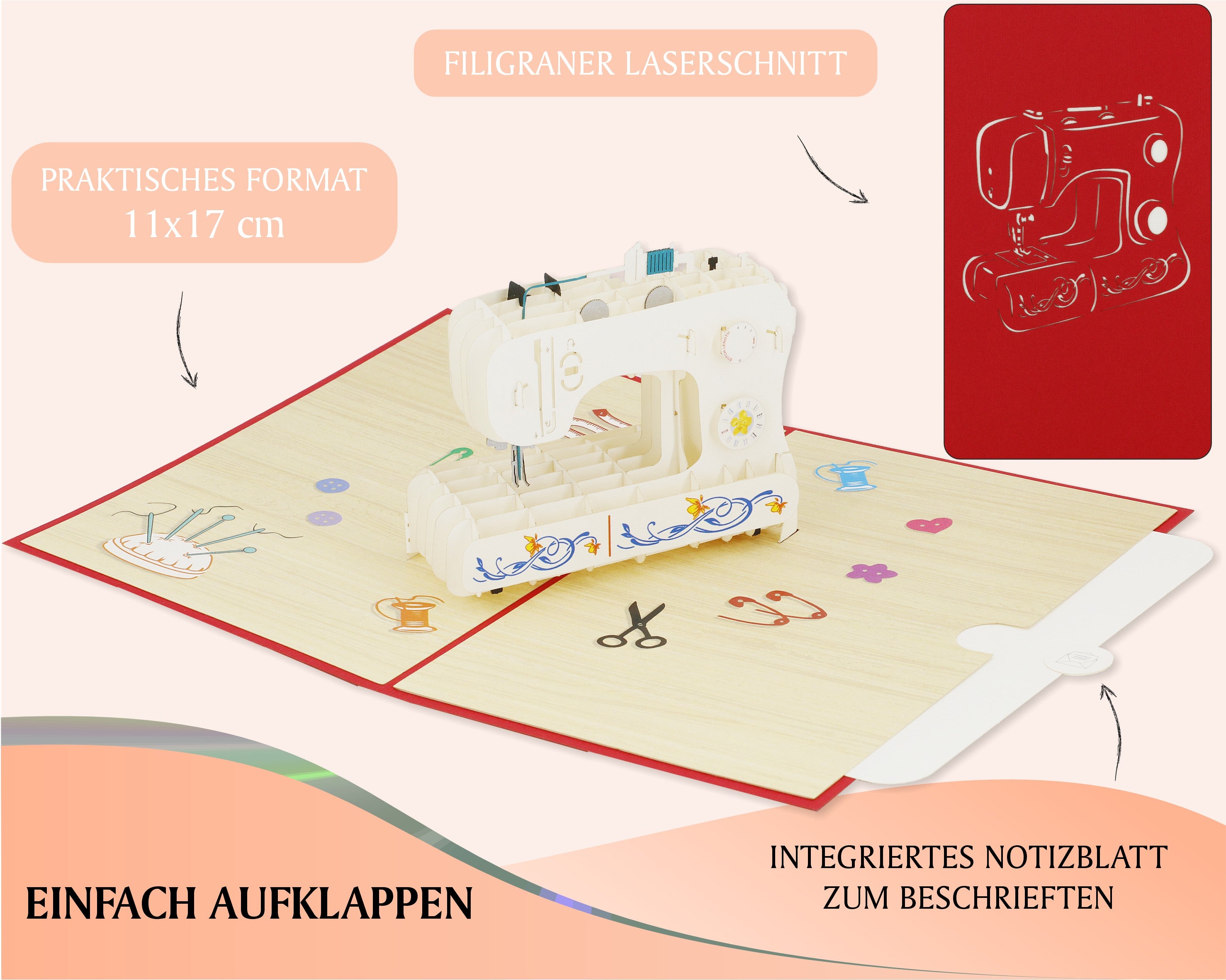 Aufgeklappte Pop-up-Karte mit Nähmaschine, dazu die Hinweise praktisches Format 11x17 cm, filigraner Laserschnitt und integriertes Notizblatt zum Beschriften.