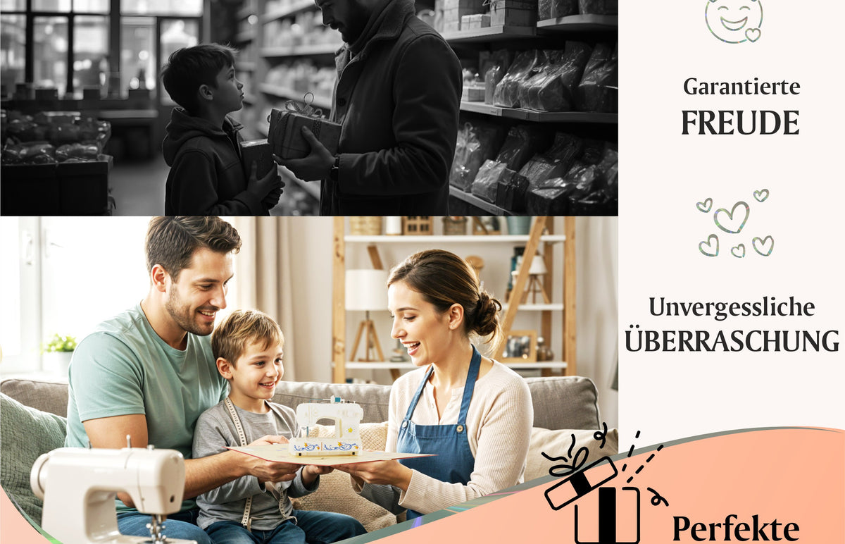 Vater und Sohn schenken der Mutter als Geburtstagsgeschenk eine Klappkarte mit einer Nähmaschine