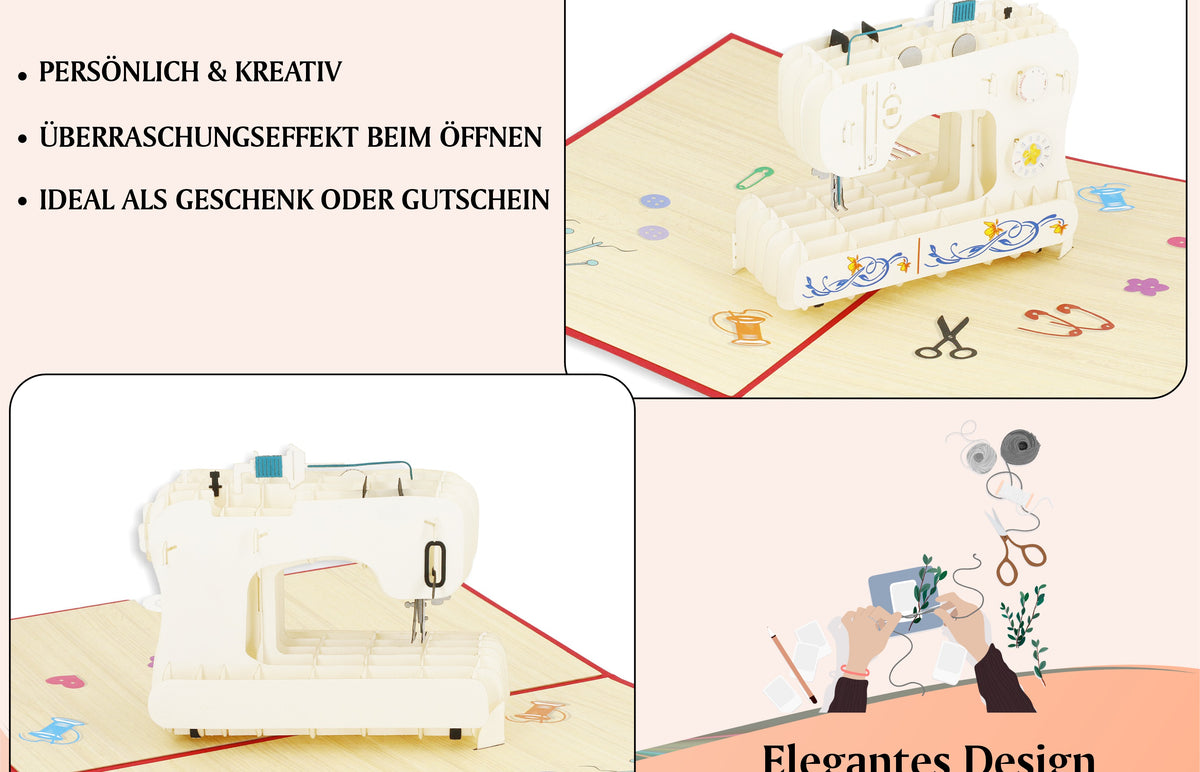 Zwei Ansichten der Nähmaschinen Pop-up-Karte mit den Hinweisen persönlich & kreativ, Überraschungseffekt beim Öffnen und ideal als Geschenk oder Gutschein.