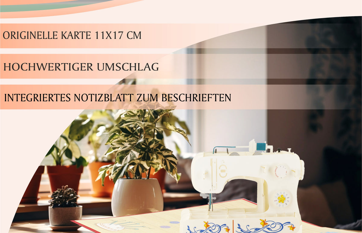 Pop Up Karte mit einer weißen Nähmaschine mit bunten Blumenmustern auf der Vorderseite, platziert auf einem Schreibtisch