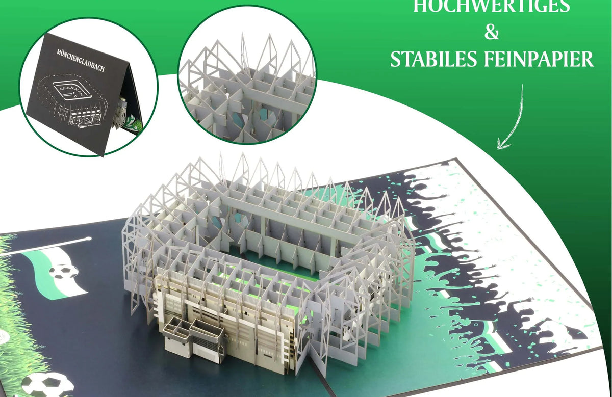 Aufgeklappte Pop-up-Karte mit filigranem Stadionmodell und mehreren Detailansichten auf grünem Hintergrund