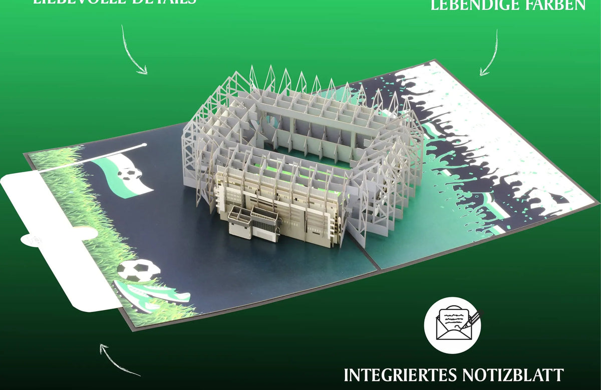 Aufgeklappte Pop-up-Karte mit filigranem Stadionmodell und mehreren Detailansichten auf grünem Hintergrund. Unten mit Einleger zum Beschriften.