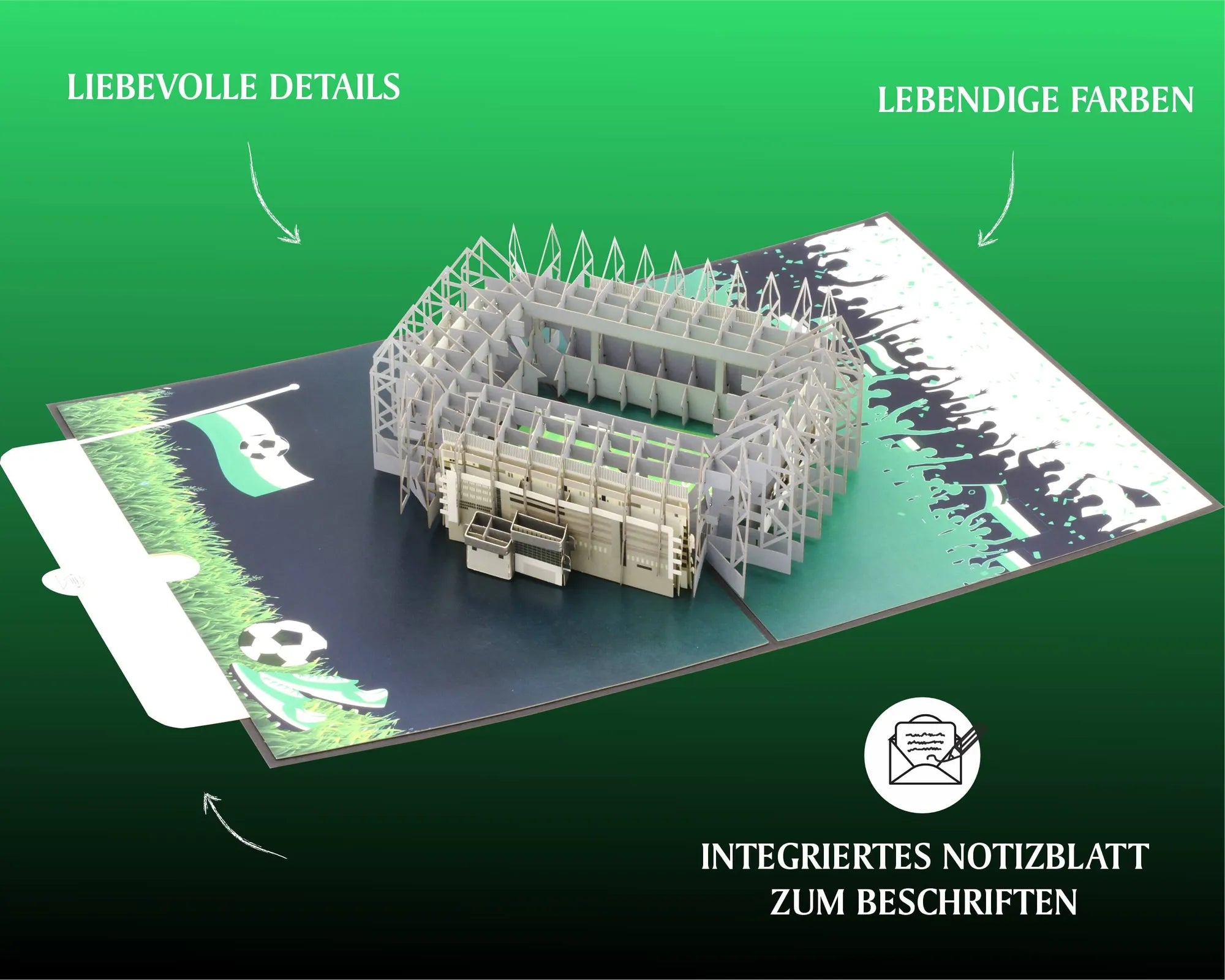 Aufgeklappte Pop-up-Karte mit filigranem Stadionmodell und mehreren Detailansichten auf grünem Hintergrund. Unten mit Einleger zum Beschriften.