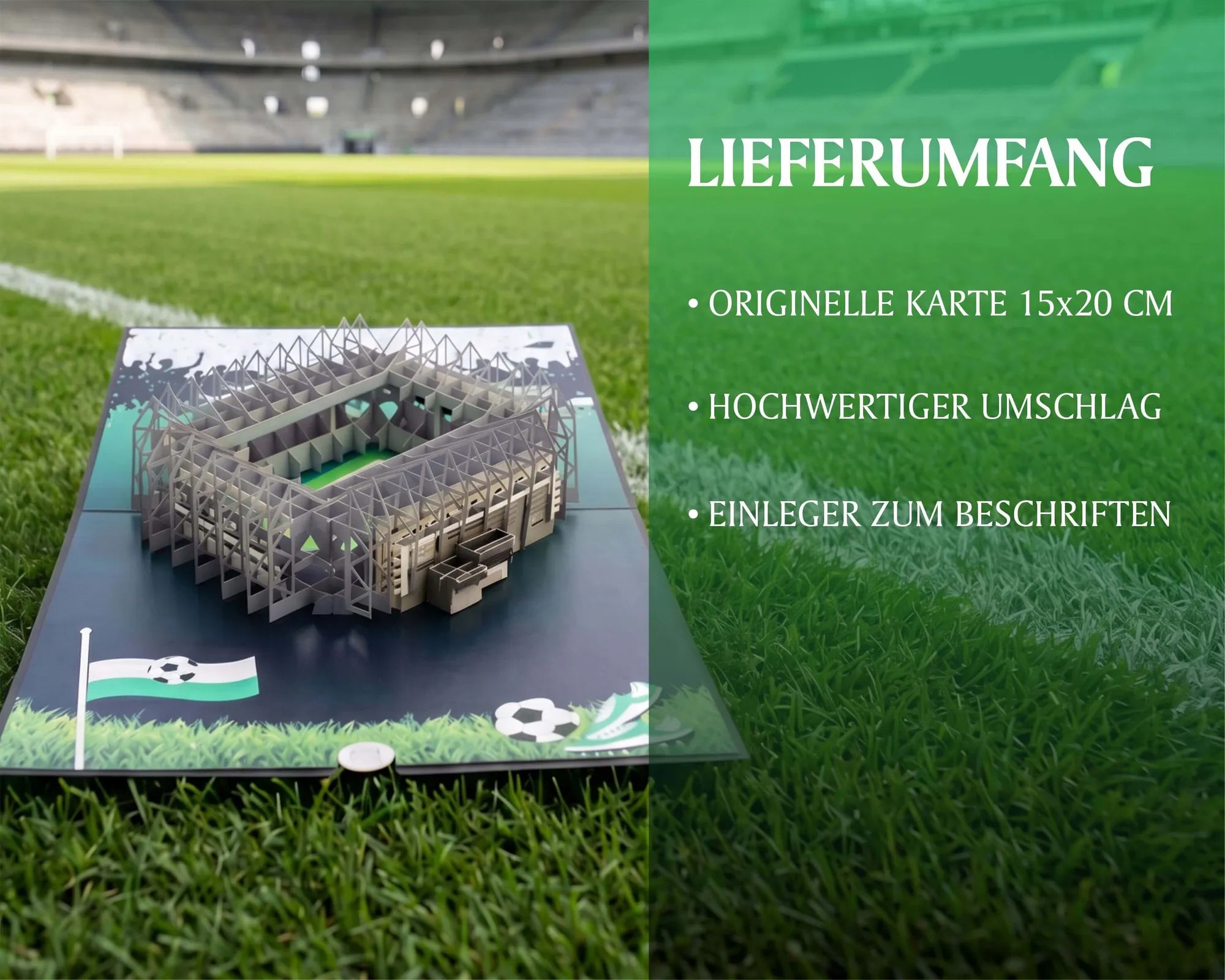 Aufgeklappte Pop-up-Karte mit filigranem Stadionmodell in Mönchengladbach auf dem Rasen im Stadion.