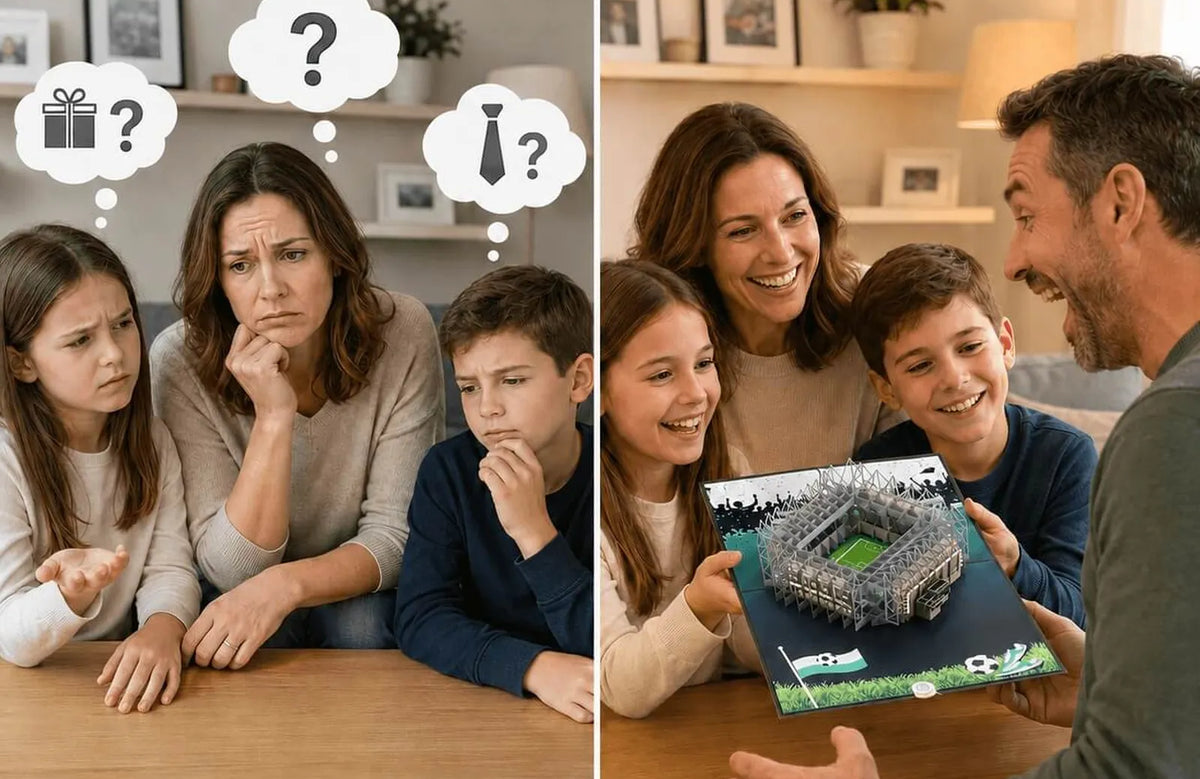Vierköpfige Familie sitzt an einem Tisch und sucht ein Geschen. Aauf der linken Bildhälfte nachdenklich mit Sprechblasen, auf der rechten Bildhälfte betrachtet sie gemeinsam eine aufgeklappte Pop-up-Karte mit Stadionmodell und freuen sich zusammen.