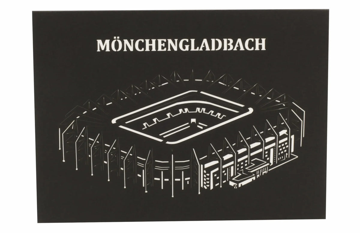 schwarze karte mit scherenschnitt vom Stadion mönchengladbach auf dem cover.