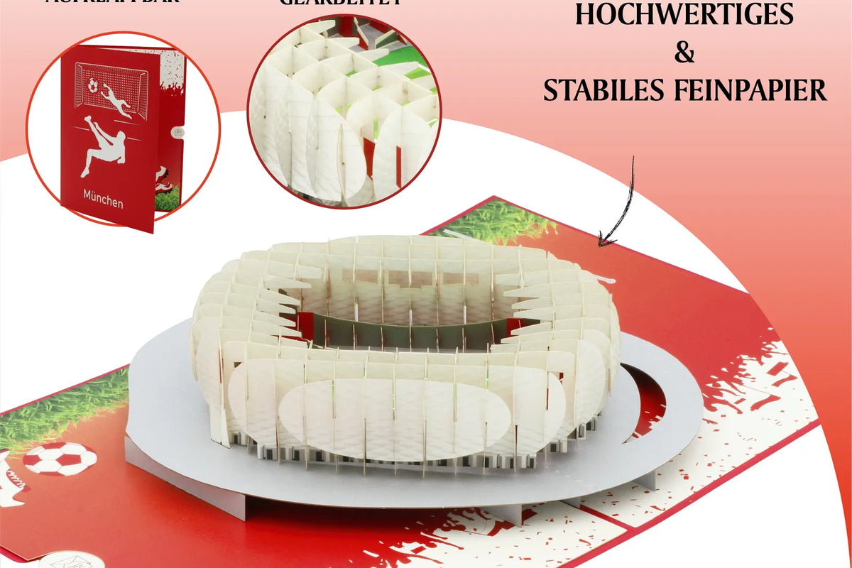 Hochwertige Pop-up-Karte mit einem Stadion-Design, gefertigt aus stabilem Feinpapier, ideal für Fußballfans und Geschenke.