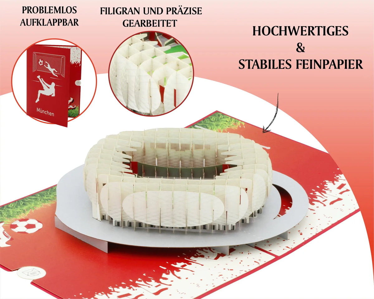 Hochwertige Pop-up-Karte mit einem Stadion-Design, gefertigt aus stabilem Feinpapier, ideal für Fußballfans und Geschenke.