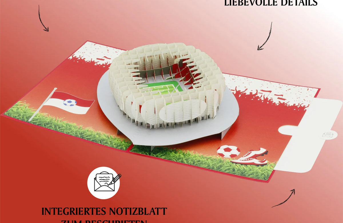 Pop-up-Karte mit einem detailreichen Fußballstadion in lebendigen Farben und integriertem Notizblatt zum Beschriften für Fans.