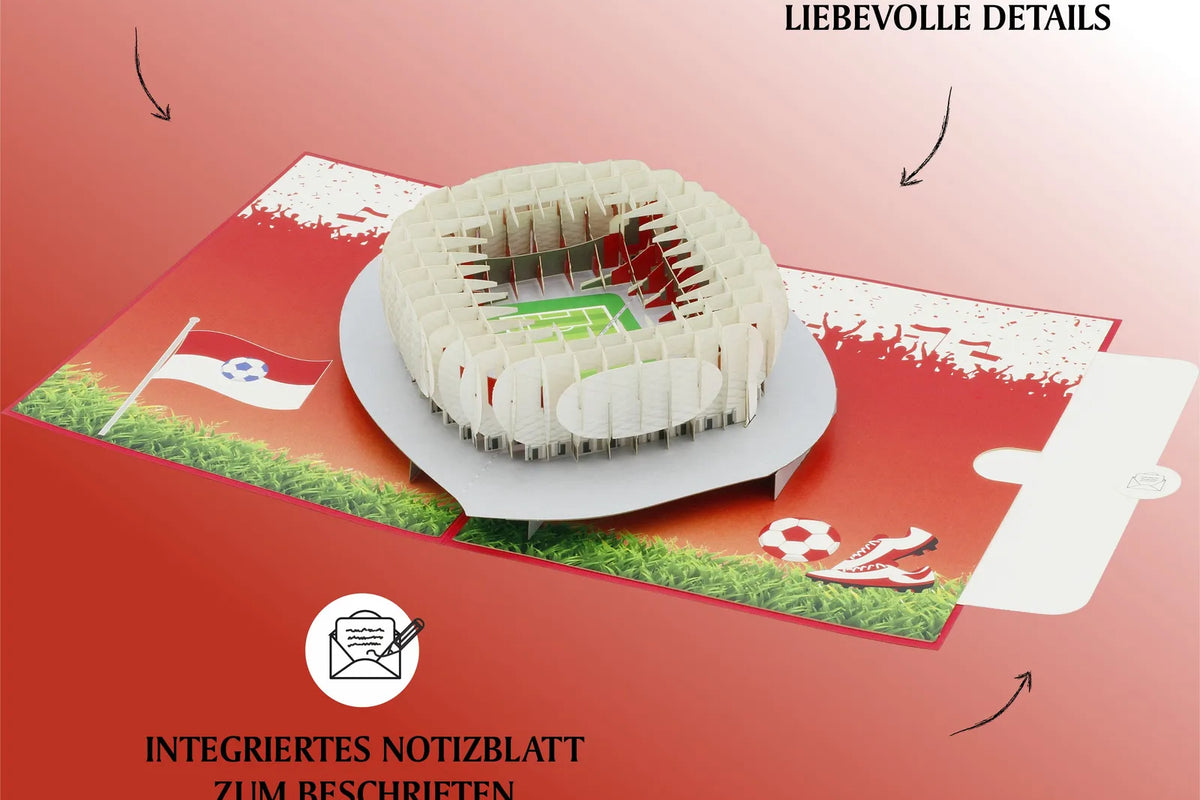 Pop-up-Karte mit einem detailreichen Fußballstadion in lebendigen Farben und integriertem Notizblatt zum Beschriften für Fans.