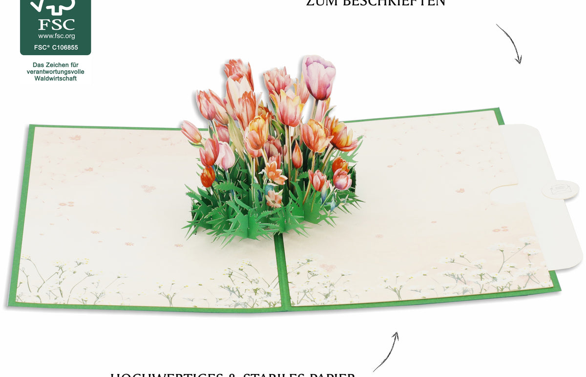 Aufgeklappte Pop-up-Karte mit buntem Tulpenstrauß, dazu FSC-Logo und die Hinweise integriertes Notizblatt zum Beschriften sowie hochwertiges und stabiles Papier.