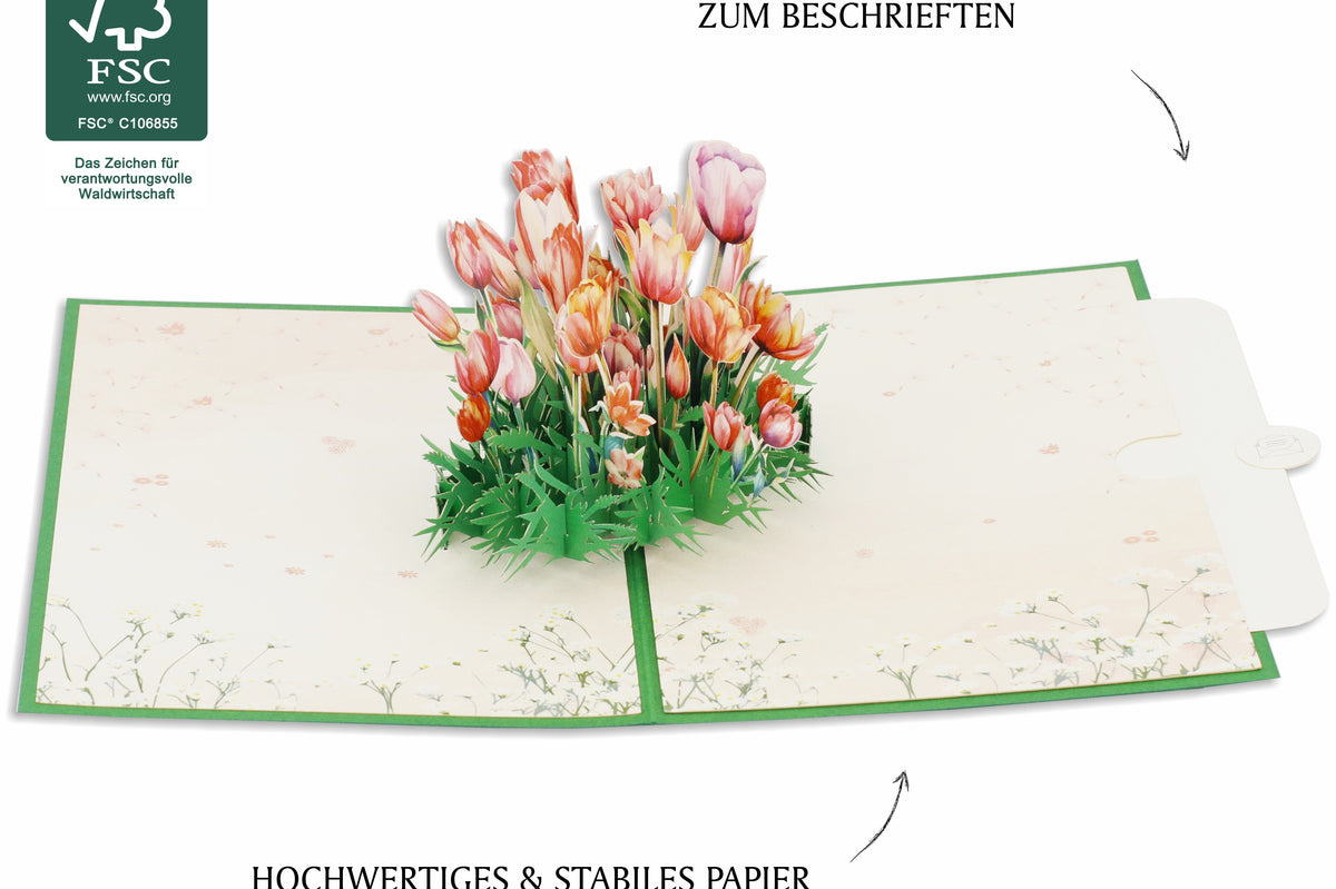 Aufgeklappte Pop-up-Karte mit buntem Tulpenstrauß, dazu FSC-Logo und die Hinweise integriertes Notizblatt zum Beschriften sowie hochwertiges und stabiles Papier.