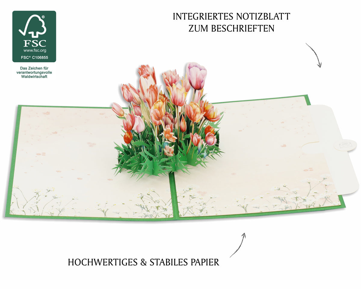 Aufgeklappte Pop-up-Karte mit buntem Tulpenstrauß, dazu FSC-Logo und die Hinweise integriertes Notizblatt zum Beschriften sowie hochwertiges und stabiles Papier.