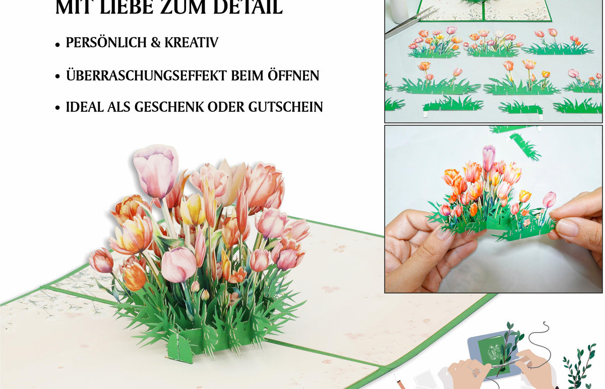3d karte tulpenstrauß auf der wiese, mit einzelteilen und zusammenbau in handarbeit