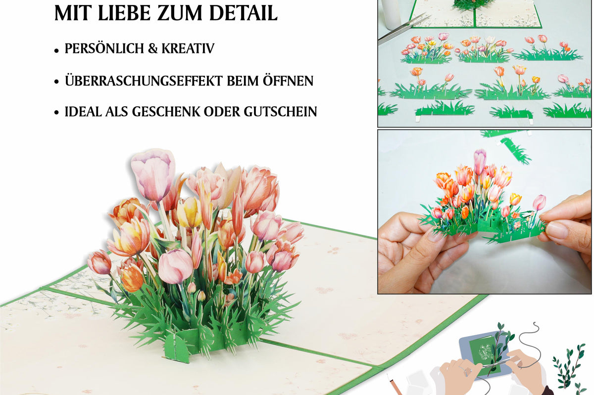 3d karte tulpenstrauß auf der wiese, mit einzelteilen und zusammenbau in handarbeit