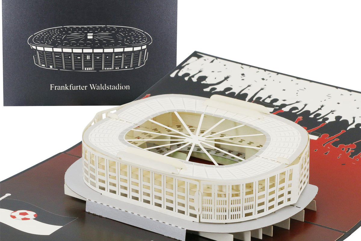 schwarze pop up karte mit frankfurter waldstadion, innen das Stadion